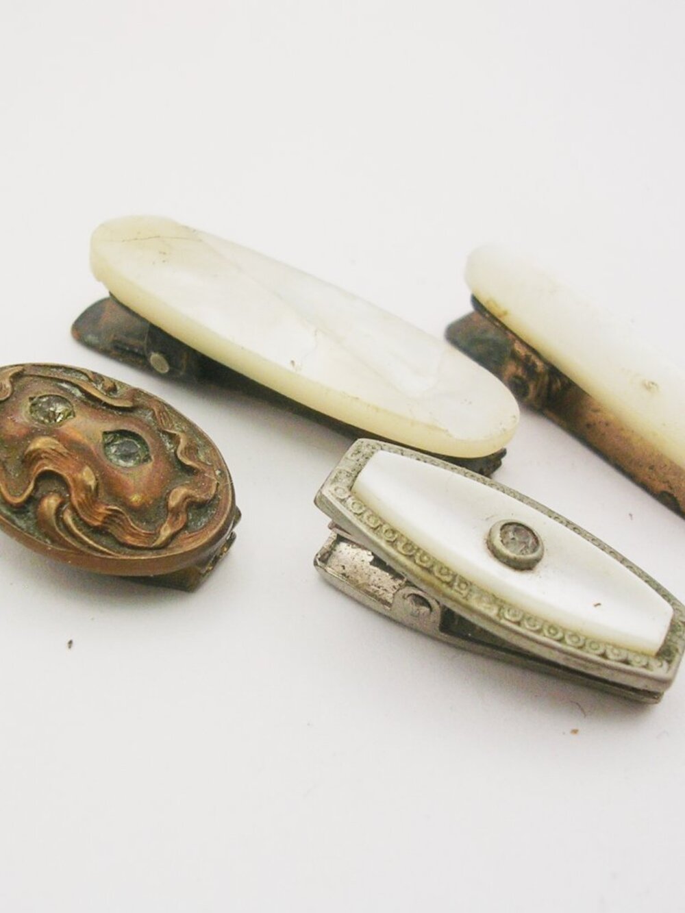 Antique Tie Bars Napkin Clips Mother of Pearl Rhinestones classic Formal Wear